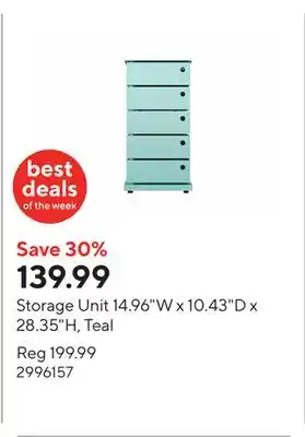 Staples Storage Unit 14.96W x 10.43D x 28.35H, Teal offer