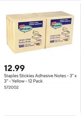 Staples Staples Stickies Adhesive Notes - 3 x 3 - Yellow - 12 Pack offer