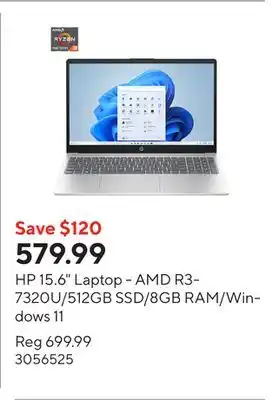 Staples HP 15.6 Laptop - AMD R3-7320U/512GB SSD/8GB RAM/Windows 11 offer