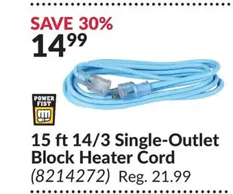 Princess Auto 15 ft 14/3 Single-Outlet Block Heater Cord offer