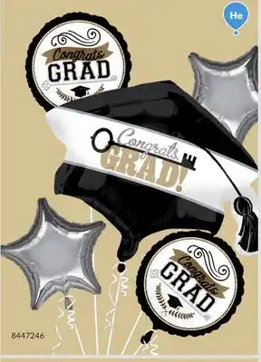 Party City Congrats Grad Graduation Cap Satin Foil Balloon Bouquet with Balloon Weight, Silver/Black, 6-pk, Helium Inflation & Ribbon In offer