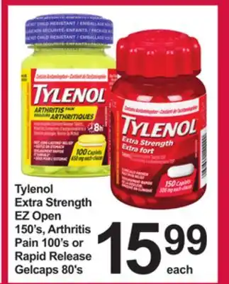 Pharmasave Tylenol Extra Strength EZ Open 150's, Arthritis Pain 100's or Rapid Release Gelcaps 80's offer