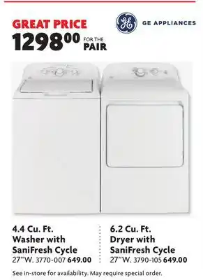 Home Hardware 4.4 Cu. Ft. Washer with SaniFresh Cycle and 6.2 Cu. Ft. Dryer with SaniFresh Cycle offer