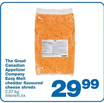 Wholesale Club THE GREAT CANADIAN APPETIZER COMPANY EASY MELT CHEDDAR FLAVOURED CHEESE SHREDS 2.27 KG offer