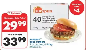 Wholesale Club SUNSPUN BEEF BURGERS, 4 oz., 4.54 kg offer