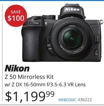 Vistek Nikon Z 50 Mirrorless Kit w/Z DX 16-50mm f/3.5-6.3 VR Lens offer