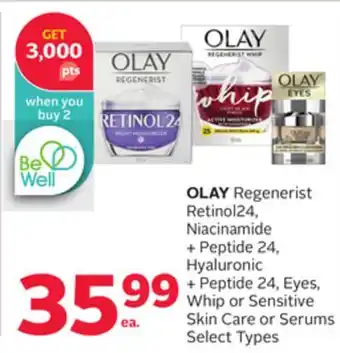 Rexall OLAY Regenerist Retinol24, Niacinamide + Peptide 24, Hyaluronic + Peptide 24, Eyes, Whip or Sensitive Skin Care or Serums offer