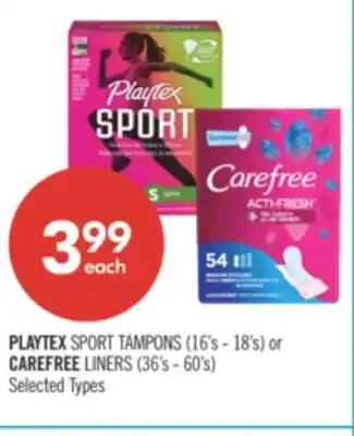 Shoppers Drug Mart PLAYTEX SPORT TAMPONS (16's - 18's) or CAREFREE LINERS (36's - 60's) offer