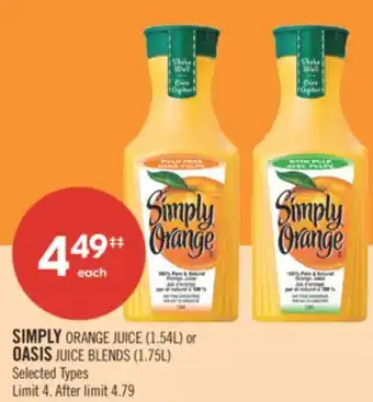 Shoppers Drug Mart SIMPLY ORANGE JUICE (1.54L) or OASIS JUICE BLENDS (1.75L) offer