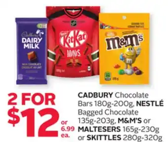 Rexall CADBURY Chocolate Bars 180g-200g, NESTLÉ Bagged Chocolate 135g-203g, M & M' S or MALTESERS 165g-230g or SKITTLES 280g-320g offer