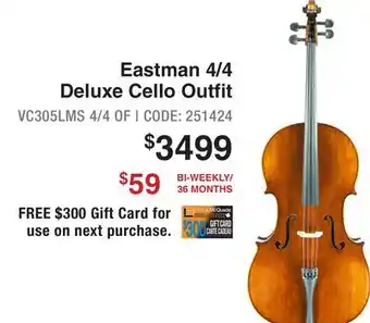 Long & McQuade Eastman Strings VC305 4/4 Deluxe Carved Cello Outfit w/Case and Carbon Bow offer
