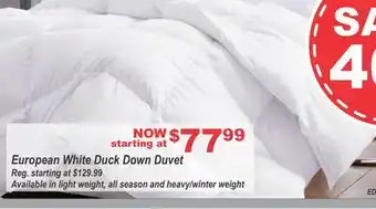 Oxford Mills European White Duck Down Duvet offer