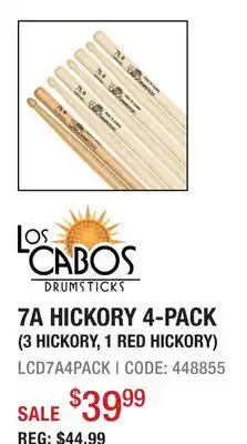 Long & McQuade Los Cabos Drumsticks 7A Hickory 4-Pack (3 Hickory, 1 Red Hickory) offer