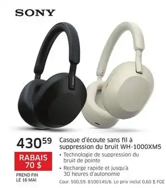 Casque d'écoute sans fil à suppression du bruit WH-1000XM5 Sony