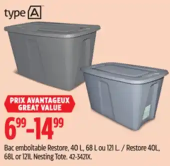 Canadian Tire TYPE A Restore 40L, 68L or 121L Nesting Tote offer