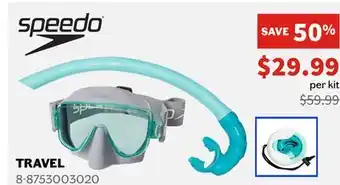 Sports Experts SPEEDO Travel Adult mask and snorkel set with snorkel that rolls into compact case offer