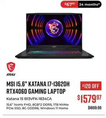 Canex MSI 15.6 KATANA I7-13620H RTX4060 GAMING LAPTOP offer