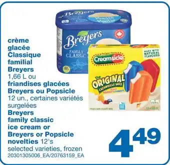 Wholesale Club CRÈME GLACÉE CLASSIQUE FAMILIAL BREYERS 1,66 L OU FRIANDISES GLACÉES BREYERS OU POPSICLE 12 UN offer