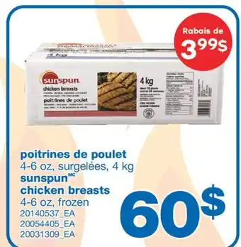 Wholesale Club Poitrines de poulet 4-6 oz, surgelées, 4 kg Sunspun offer