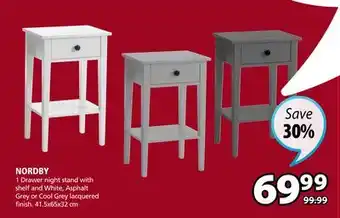 JYSK NORDBY 1 Drawer night stand with shelf and White, Asphalt Grey or Cool Grey lacquered finish offer