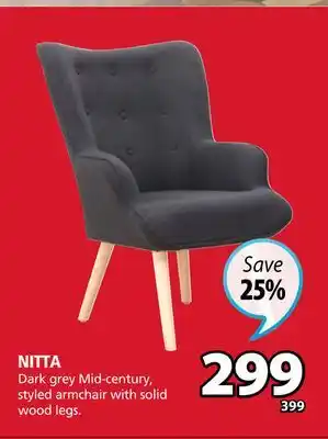 JYSK NITTA Dark grey Mid-century, styled armchair with solid wood legs offer