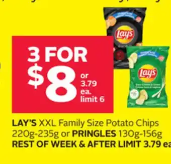 Rexall LAY'S XXL Family Size Potato Chips 220g-235g or PRINGLES 130g-156g offer