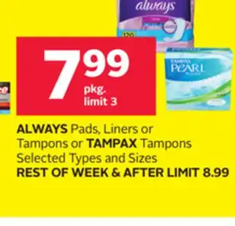 Rexall ALWAYS Pads, Liners or Tampons or TAMPAX Tampons offer