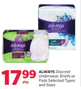 Rexall ALWAYS Discreet Underwear, Briefs or Pads offer