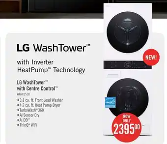 The Brick LG WashTower with 2.4 Cu. Ft. Washer and 4.2 Cu. Ft. Ventless HeatPump Dryer - WKHC152HWA offer
