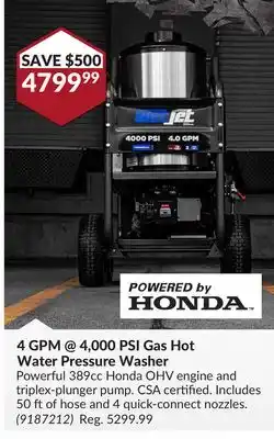 Princess Auto 4 GPM@4, 000 PSI Gas Hot Water Pressure Washer offer