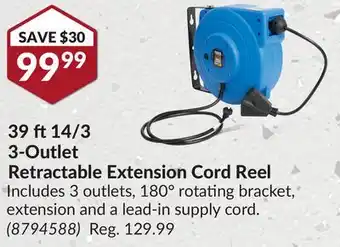 Princess Auto 39 ft14/3 3-Outlet Retractable Extension Cord Reel offer