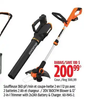 Canadian Tire WORX 20V 360CFM Blower & 12 2-In-1 Trimmer with 2x2Ah Battery & Charger offer