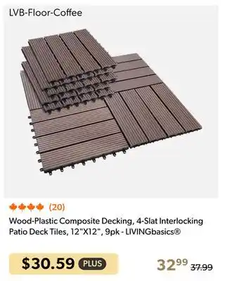 Shopper+ Wood-Plastic Composite Decking, 4-Slat Interlocking Patio Deck Tiles, 12X12, 9pk - LIVINGbasics offer