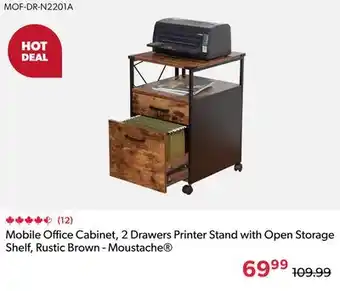Mobile Office Cabinet, 2 Drawers Printer Stand with Open Storage Shelf, Rustic Brown - Moustache