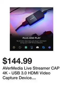 Newegg AVerMedia Live Streamer CAP 4K - USB 3.0 HDMI Video Capture Device. Broadcast, Record DSLR, camcorder, mirrorless and action offer