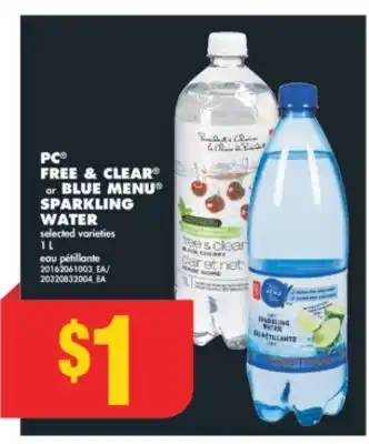 No Frills PC FREE & CLEAR or BLUE MENU SPARKLING WATER,1 L offer