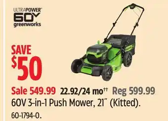 Canadian Tire Greenworks 60V 3-in-1 Push Mower, 21 (Kitted) offer