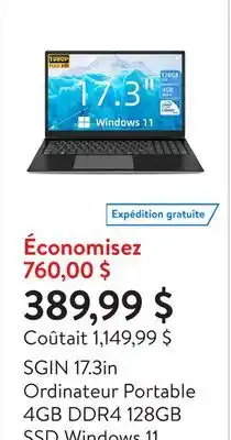 Walmart SGIN 17.3in Ordinateur Portable 4GB DDR4 128GB SSD Windows 11 avec Processeur Intel i3 FHD 1920x1080 offer