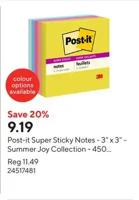 Staples Post-it Super Sticky Notes - 3 x 3 - Summer Joy Collection - 450 Sheets - 5 Pack offer