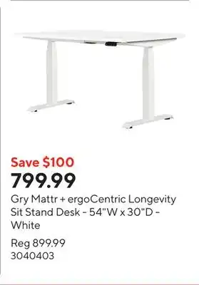 Staples Gry Mattr + ergoCentric Longevity Sit Stand Desk - 54W x 30D - White offer