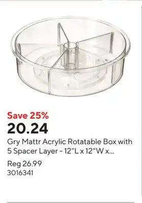 Staples Gry Mattr Acrylic Rotatable Box with 5 Spacer Layer - 12L x 12W x 3.3D - Clear offer