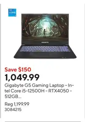 Staples Gigabyte G5 Gaming Laptop - Intel Core i5-12500H - RTX4050 - 512GB - 16GB - Windows 11 Home offer