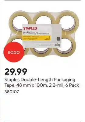 Staples Staples Double-Length Packaging Tape, 48 mm x 100m, 2.2-mil, 6 Pack offer