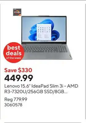 Staples Lenovo 15.6 IdeaPad Slim 3i - AMD R3-7320U/256GB SSD/8GB RAM/Windows 11 offer
