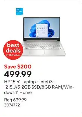 Staples HP 15.6 Laptop - Intel i3-1215U/512GB SSD/8GB RAM/Windows 11 Home offer