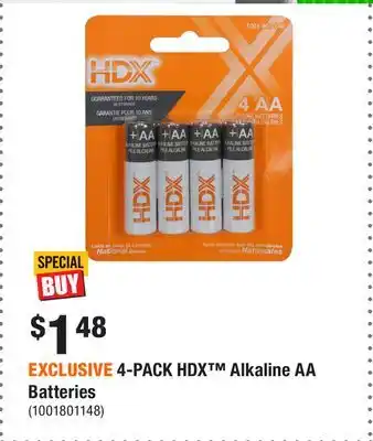 Home Depot EXCLUSIVE 4-PACK HDX Alkaline AA Batteries offer