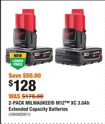 Home Depot 2-PACK MILWAUKEE M12 XC 3.0Ah Extended Capacity Batteries offer