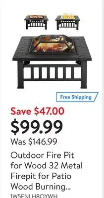 Walmart Outdoor Fire Pit for Wood 32 Metal Firepit for Patio Wood Burning Fireplace Square Garden Stove with Charcoal Rack Poker Mesh offer