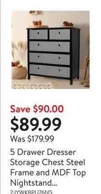 Walmart 5 Drawer Dresser Storage Chest Steel Frame and MDF Top Nightstand End Table Bedroom Storage Tower Closet Organizer with Remov offer