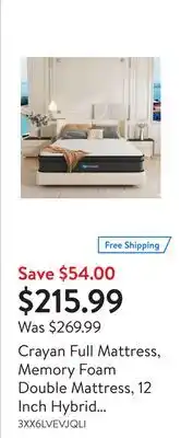 Walmart Crayan Full Mattress, Memory Foam Double Mattress, 12 Inch Hybrid Mattress in a Box with Individual Pocket Spring for Motion offer